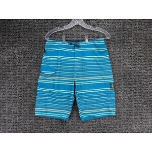 Volcom Board Shorts Mens 30 Blue Green Striped Mod Tech Cargo Pocket Beach Surf